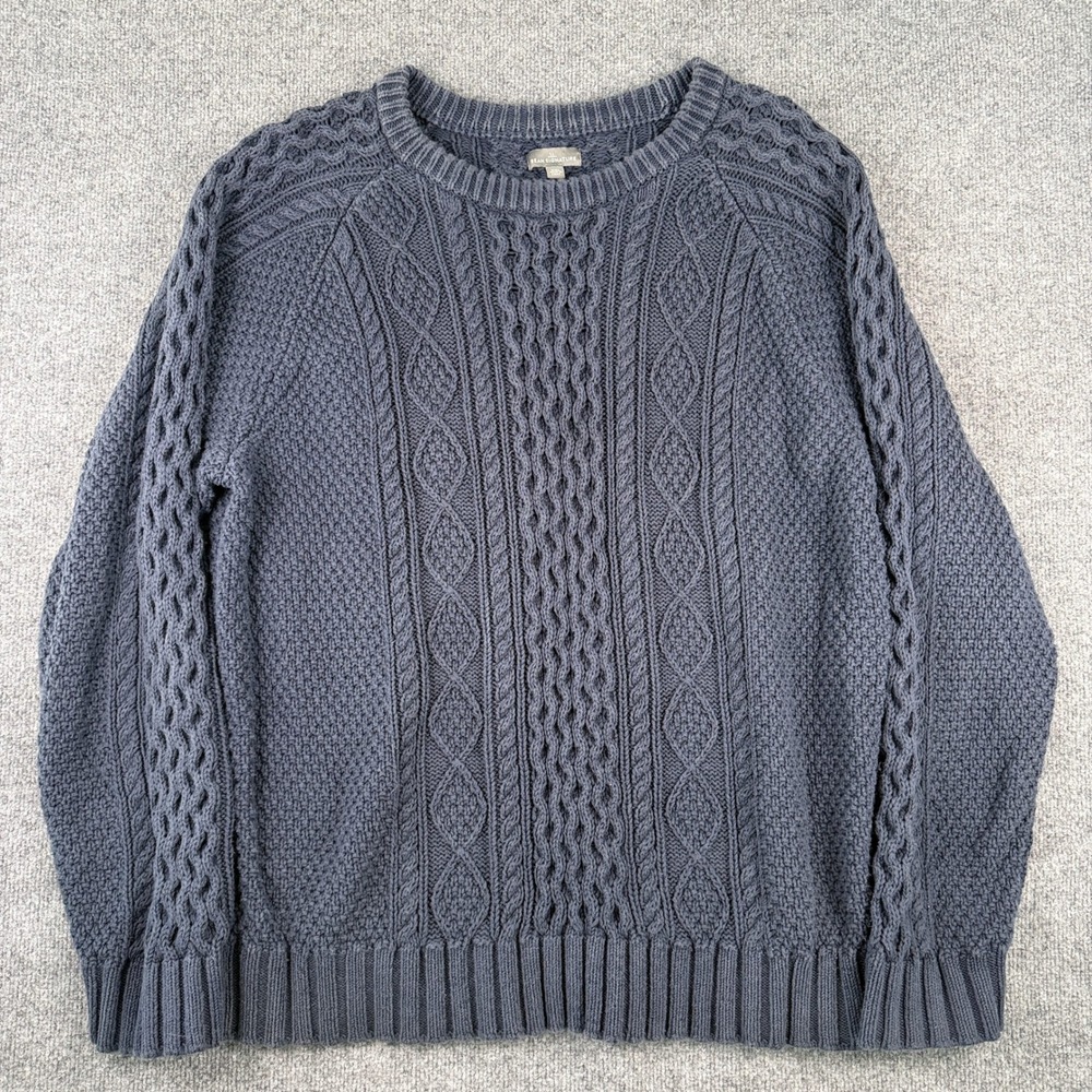 LL Bean Signature Sweater Mens 2XL Blue Cotton Cable Knit Aran Irish Chunky